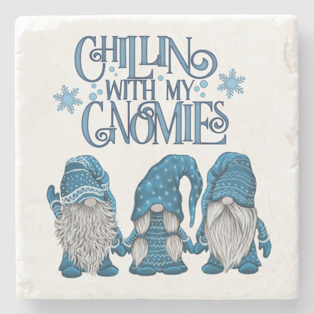 Christmas Blue Winter Trio Chillin With My Gnomies Stone Coaster (Front)