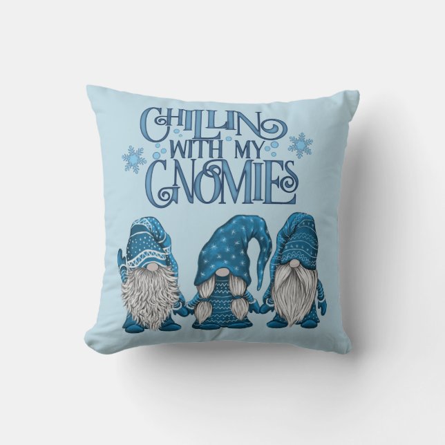 Christmas Blue Winter Trio Chillin With My Gnomies Throw Pillow (Front)