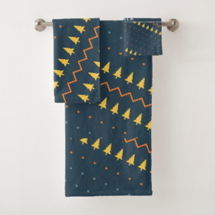 Christmas Blue Yellow Minimal Pattern Bath Towel Set