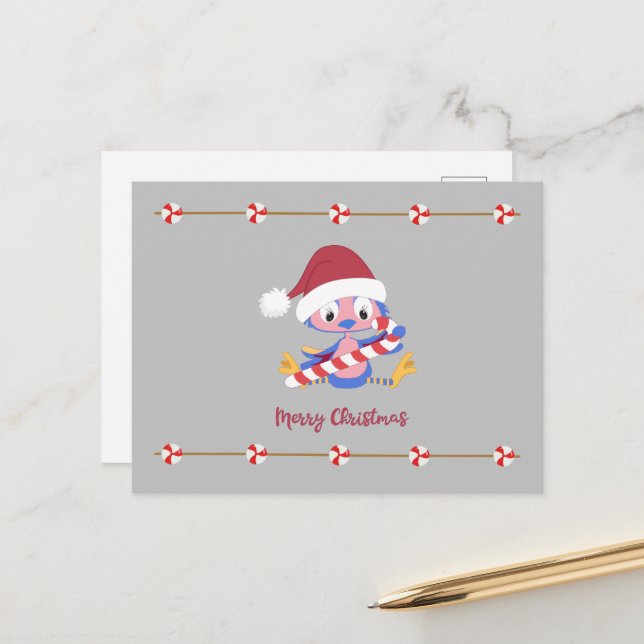Christmas Bluebird Candy Cane Customizable Text  Holiday Postcard (Front/Back In Situ)