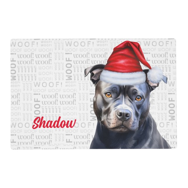 Christmas Bluenose Pitbull Santa Dog with Name Pet Placemat (Front)