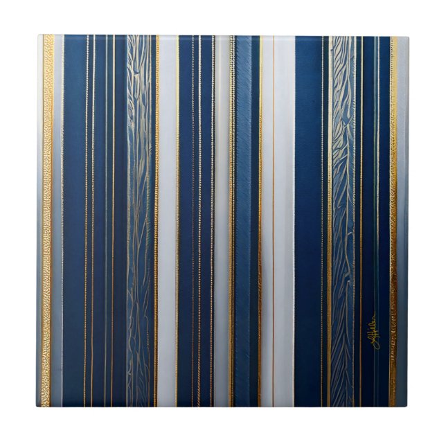 Christmas Blues Stripes Blue White Gold Ceramic Tile (Front)