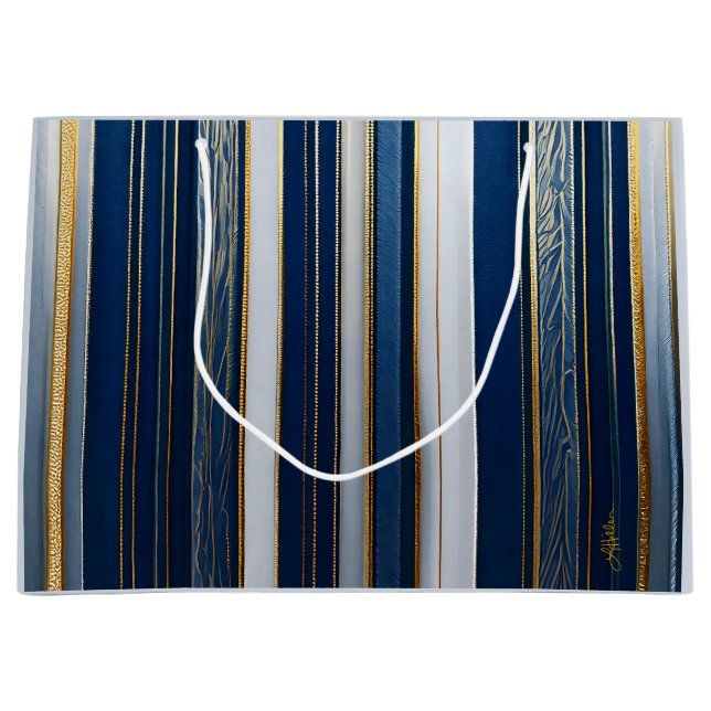 Christmas Blues Stripes Blue White Gold Large Gift Bag (Front)