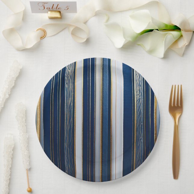 Christmas Blues Stripes Blue White Gold Paper Plates (Wedding)