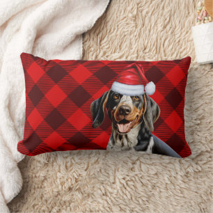 Christmas Bluetick Coonhound Dog Holiday Plaid Lumbar Pillow