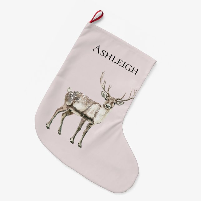 Christmas Blush Cream Pink Rustic Deer Name Large Christmas Stocking (Front (Hanging))
