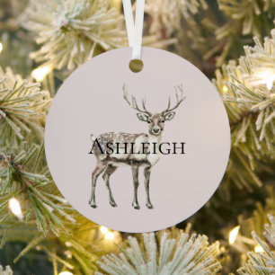 Christmas Blush Cream Pink Rustic Deer Name Metal Ornament