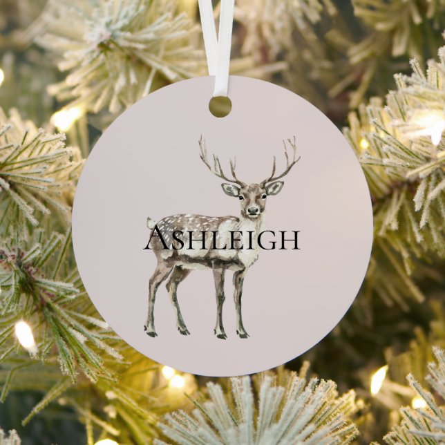 Christmas Blush Cream Pink Rustic Deer Name Metal Ornament (Insitu)
