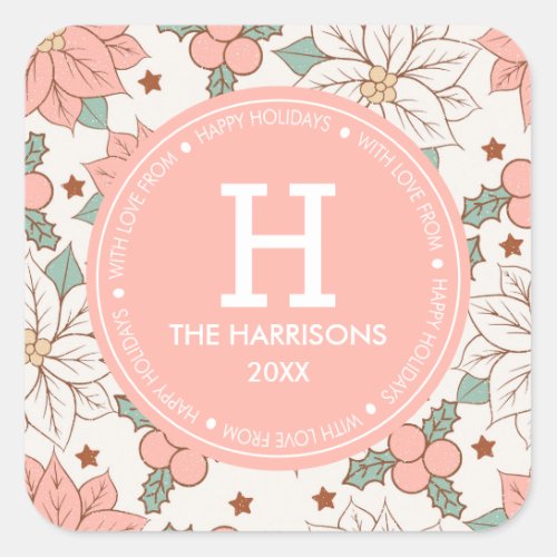 Christmas Blush Pink Floral Personalized Holidays Square Sticker