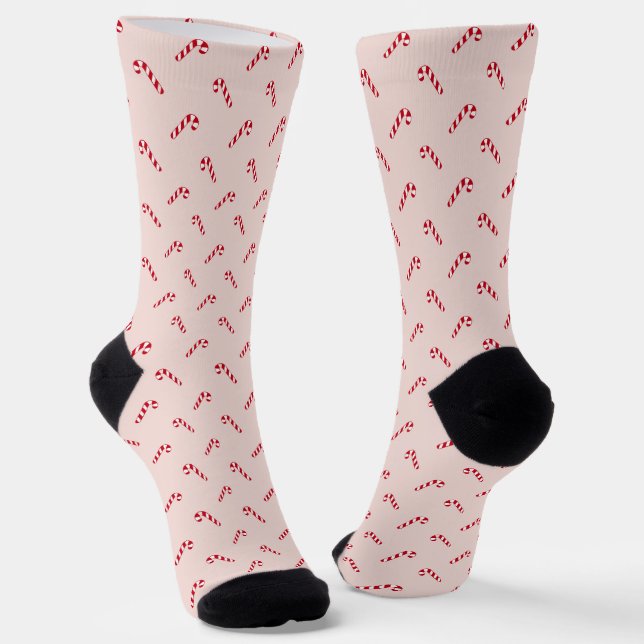 Christmas blush pink girly cute candy cane pattern socks (Angled)