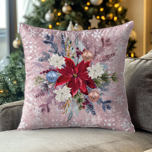 Christmas Blush Pink Poinsettia Bouquet Throw Pillow