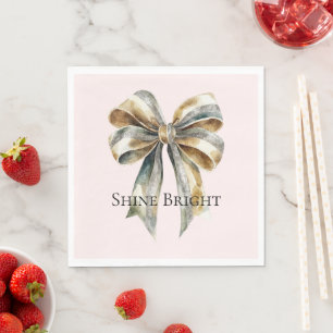 Christmas Blush Pink Rustic Green Gold Bow Napkins