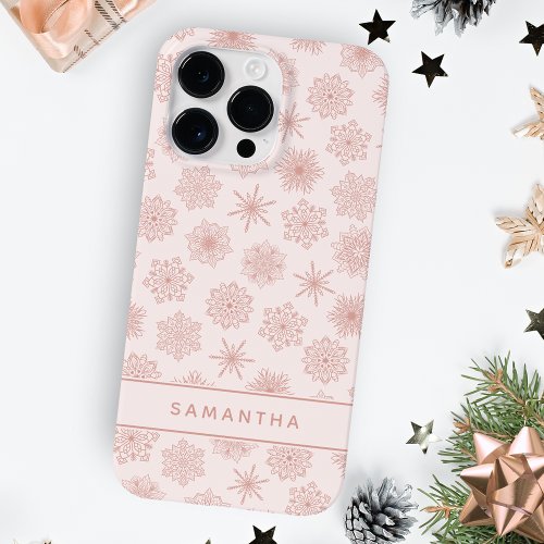 Christmas Blush Rose Gold Snowflakes Personalized Case_Mate iPhone 14 Pro Max Case