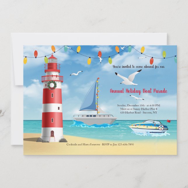 Christmas Boat Parade With Lighthouse Invitation (Front)