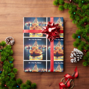 Christmas Boat With Golden Lights Wrapping Paper