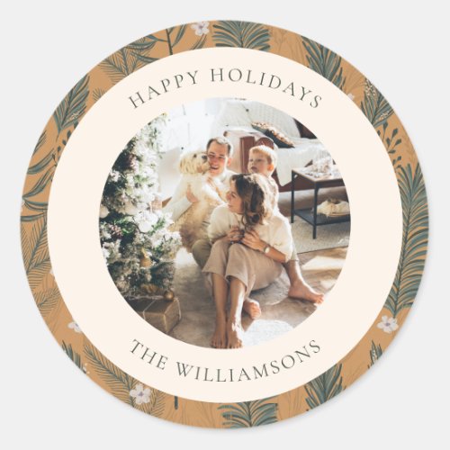 Christmas Boho Botanical Greenery Photo Custom Classic Round Sticker