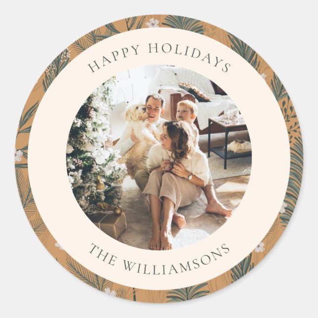 Christmas Boho Botanical Greenery Photo Custom Classic Round Sticker (Front)