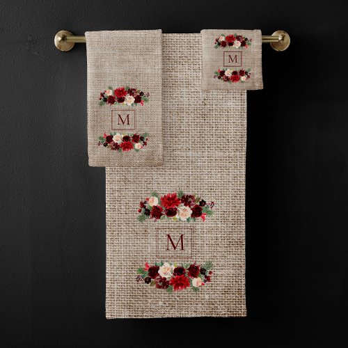 Christmas Boho Chic Floral Branch Burlap Monogram Bath Towel Set