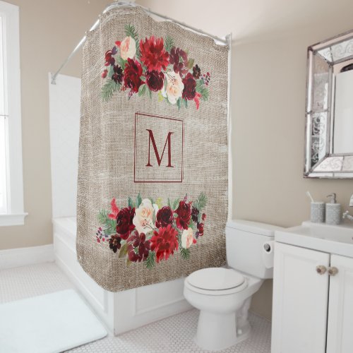 Christmas Boho Chic Floral Branch Burlap Monogram Shower Curtain