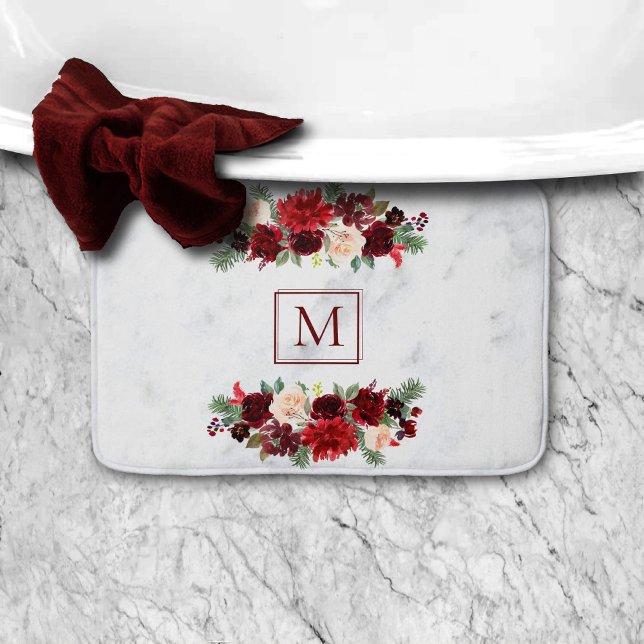 Christmas Boho Chic Floral Branch Marble Monogram Bath Mat (Creator Uploaded)