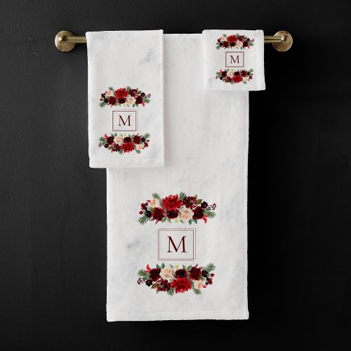 Christmas Boho Chic Floral Branch Marble Monogram Bath Towel Set