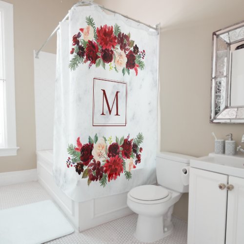 Christmas Boho Chic Floral Branch Marble Monogram Shower Curtain