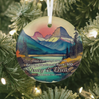 Christmas Boho Glacier National Park Engage Couple Glass Ornament