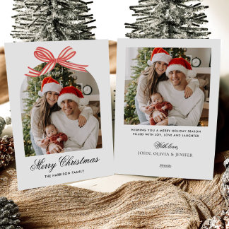 Christmas Boho Red Bow Ribbon 2 Photo Holiday Card
