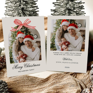 Christmas Boho Red Bow Ribbon 2 Photo Holiday Card