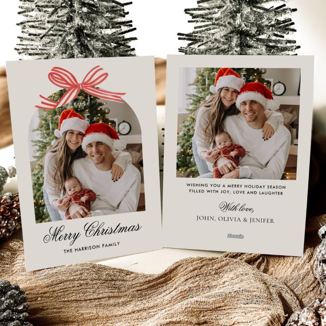 Christmas Boho Red Bow Ribbon 2 Photo Holiday Card (Creator Uploaded)