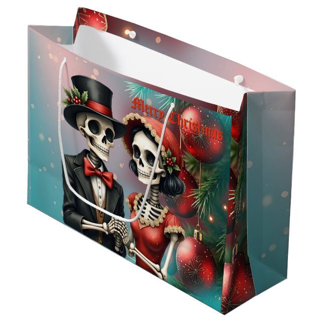 Christmas Bone Romance, A festive skeleton couple. Large Gift Bag (Front Angled)