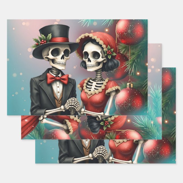Christmas Bone Romance, A festive skeleton couple. Wrapping Paper Sheets (Set)