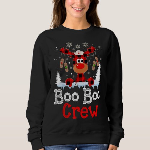 Christmas Boo Boo Crew Reindeer Nurse Buffalo Plai Sweatshirt
