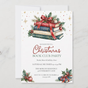 Christmas Book Club Party Watercolor Books and Bow Invitation