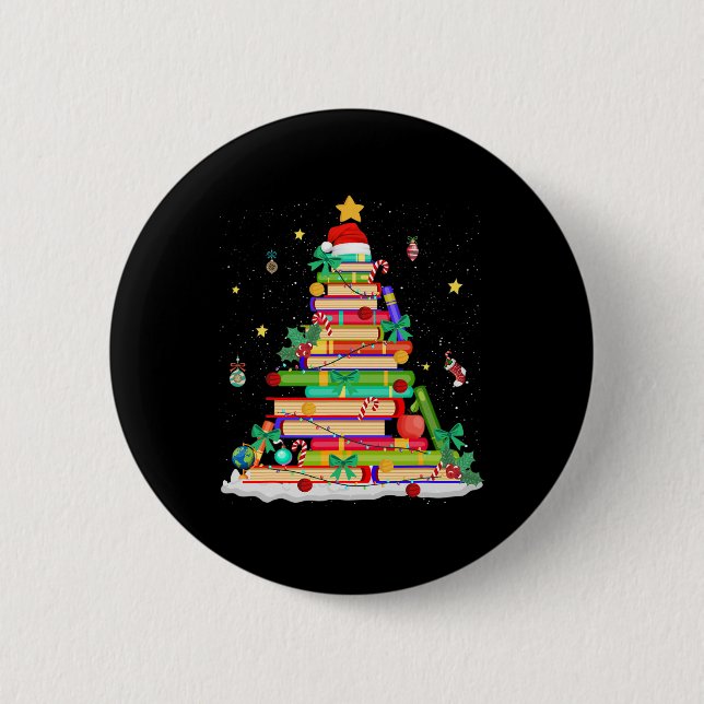 Christmas Book Library Tree Lights Funny Librarian Button (Front)