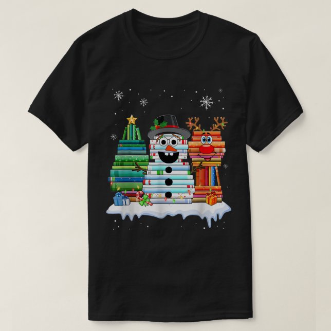Christmas Book Lover Snowman Design T-Shirt (Design Front)
