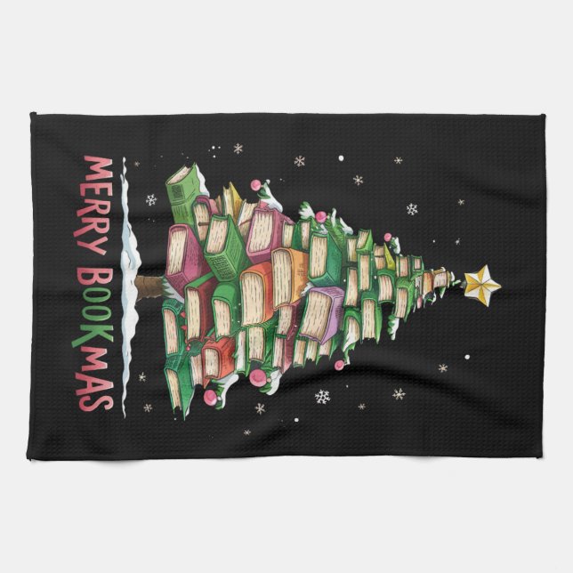 Christmas Book Lover Tree Librarian Merry Bookmas  Kitchen Towel (Horizontal)