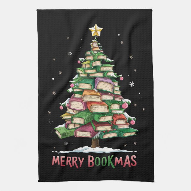 Christmas Book Lover Tree Librarian Merry Bookmas  Kitchen Towel (Vertical)