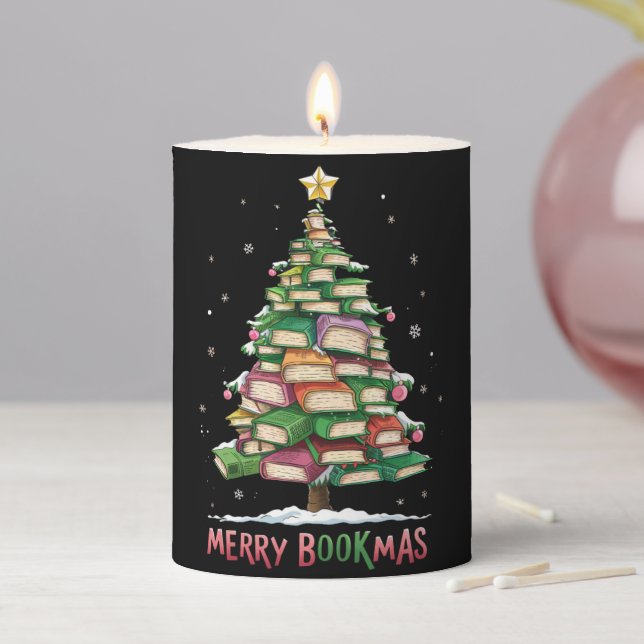 Christmas Book Lover Tree Librarian Merry Bookmas  Pillar Candle (In Situ)