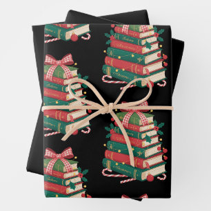 Christmas Book Stack Holly Bow Ribbon Reading Xmas Wrapping Paper Sheets