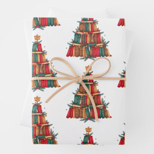 Christmas Book Tree Pine Branches Berries Reading Wrapping Paper Sheets