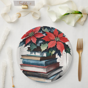 Christmas Books and Poinsettias Paper Plates
