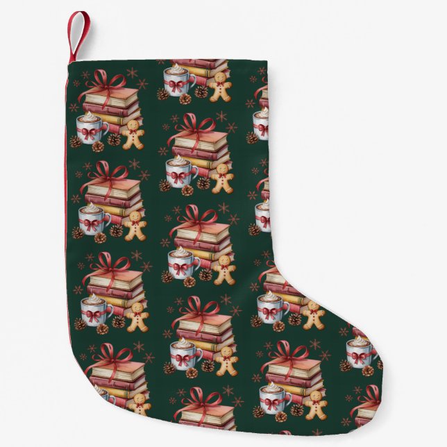 Christmas Books Gingerbread Books Cocoa Bookish Small Christmas Stocking (Front)