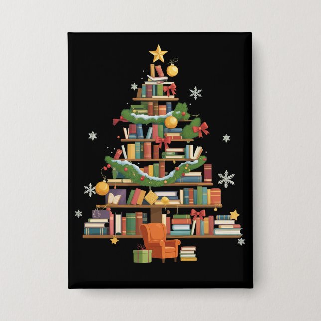 Christmas Books Tree Book Lover Teachers Bookworm  Button (Front)