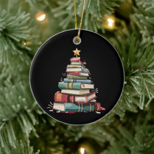 Christmas Books Tree Book Lover Teachers Bookworm  Ceramic Ornament