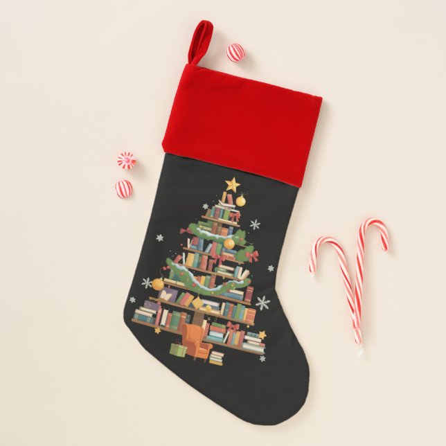Christmas Books Tree Book Lover Teachers Bookworm  Stocking (Front)