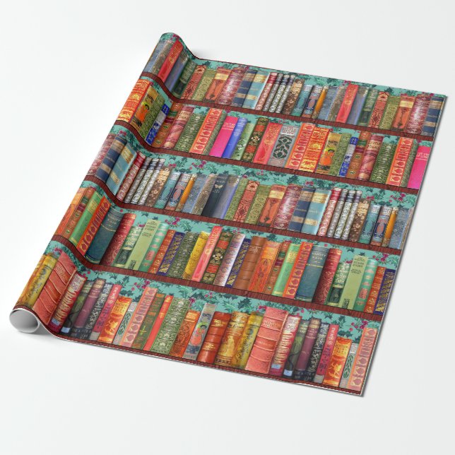 Christmas bookshelf, holly, antique books wrapping paper (Unrolled)