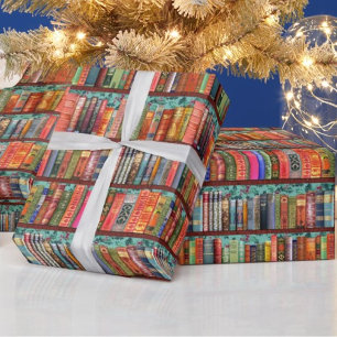 Christmas bookshelf, holly, antique books wrapping paper