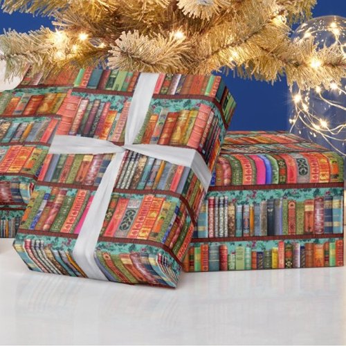 Christmas bookshelf holly antique books wrapping wrapping paper
