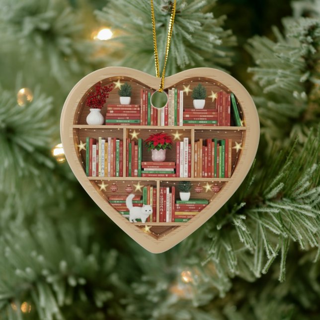 Christmas Bookshelves Red Green Book shelf 2Dprint Ceramic Ornament (Tree)